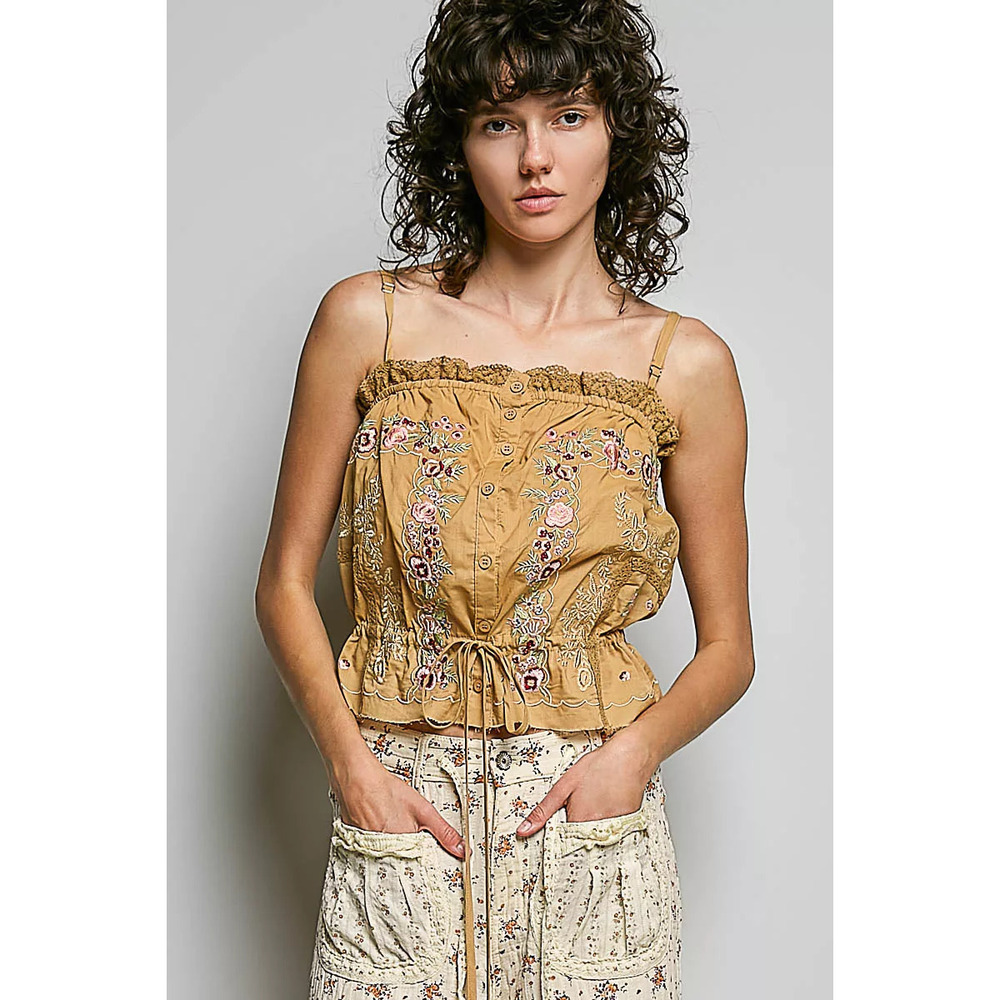 POL Button Down Floral Embroidered Cropped Cami with Lace Detail